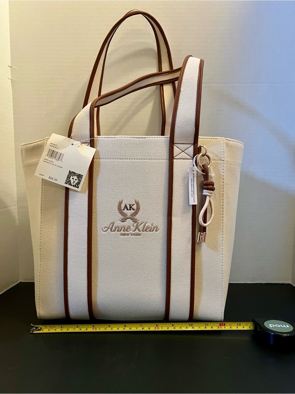 Anne Klein Cream Canvas Tote with Brown Trim and Double Handles - Picture 2 of 10